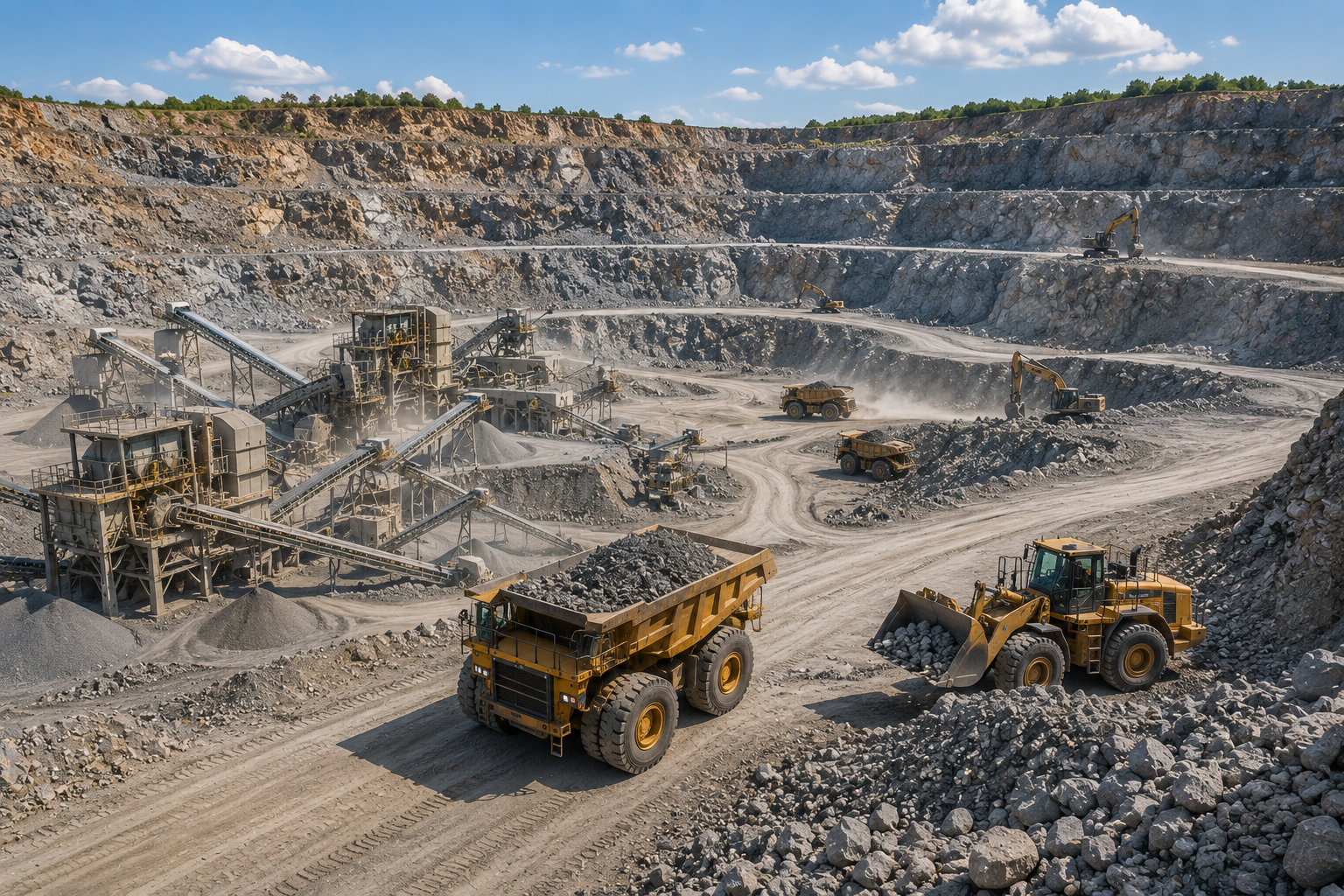 Haul trucks transporting materials at a large-scale operation