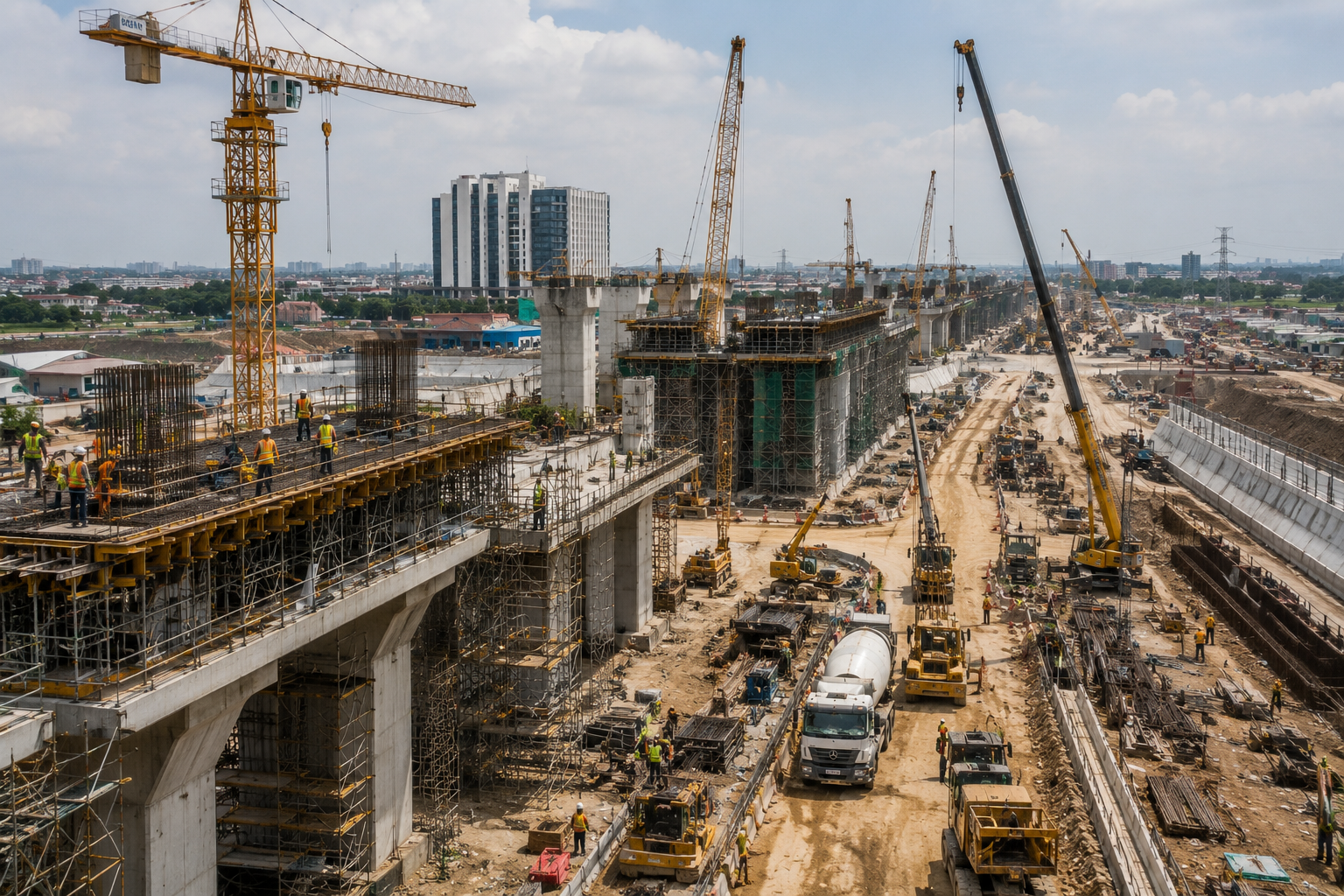 Bridge construction project with heavy equipment